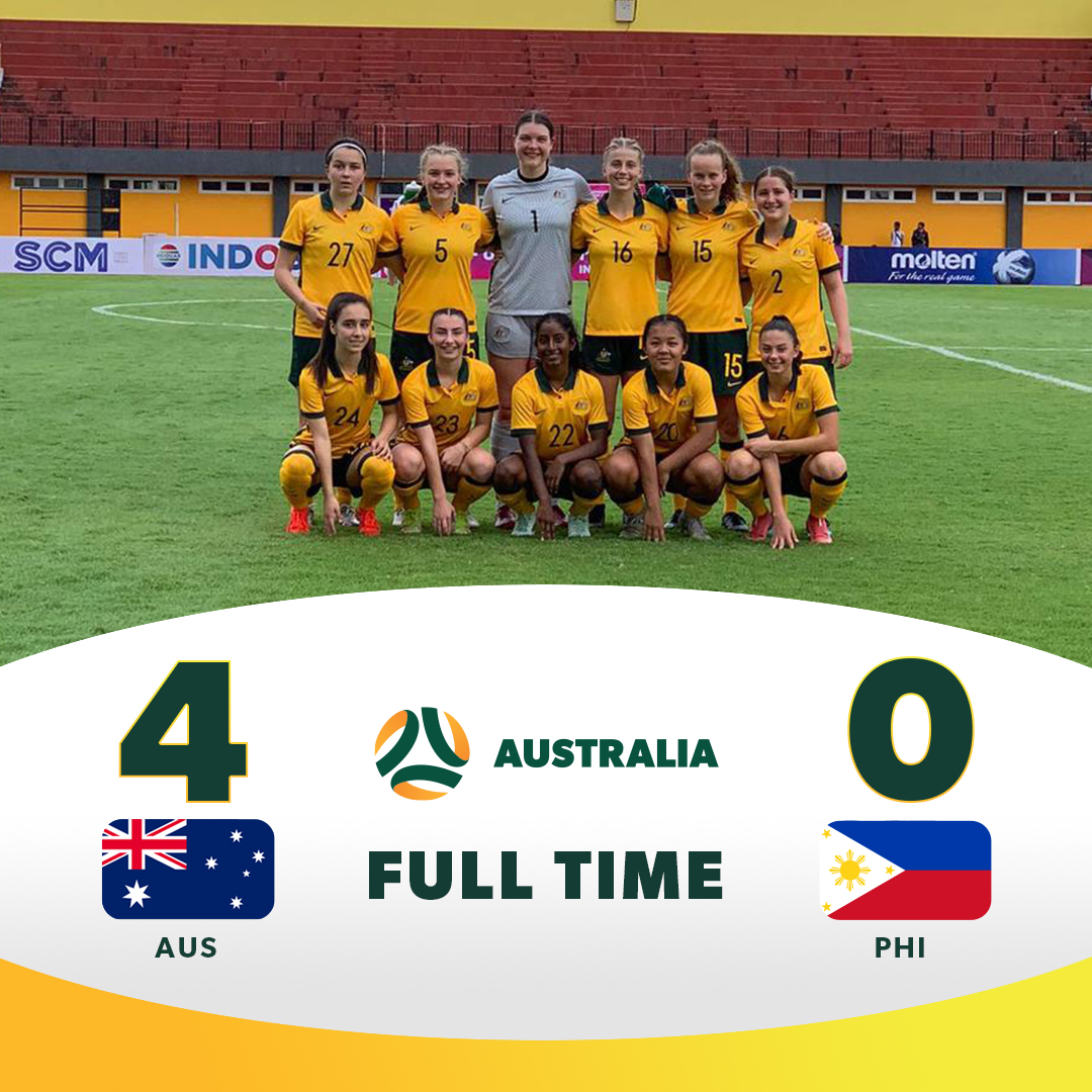 FULL TIME | Australia open their AFF U18 Women’s Championship 2022 campaign with a 4-0 win over the Philippines!  

Australia's goalscorers: 
Avaani Prakash 26th, 62nd
India Beier 59th
Maya Lobo 69th 

Next up: Malaysia on Wednesday - 10:30 pm AEST

#AFF #AFFU18Womens