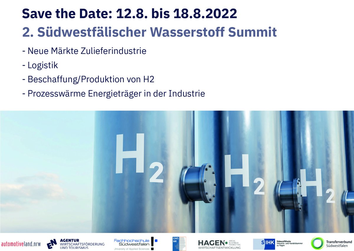 hagenwirtschaft's tweet photo. #SaveTheDate: in diesem Jahr findet der 2. Südwestfälische Wasserstoff Summit statt.
Weitere Infos und Anmeldemöglichkeit finden Sie hier: https://t.co/5cm3klbOtF
@sihk_zu_hagen @GWS_MK 

#H2summit2022 #H2 #summit #wasserstoff https://t.co/0WAmOvaddJ
