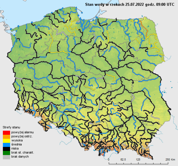IMGWmeteo's tweet photo. ➡️Największe rzeki w Polsce objęte suszą hydrologiczną (kolor szary)
➡️W całym kraju notujemy rzek iw strefie wody niskiej
➡️SNQ (średni niski przepływ) notowany jest na 1/3 wodowskazów w całym kraju
➡️wilgotność gleby nie przekracza 15%
Są to najgorsze wyniki od 2015roku🚑
#IMGW https://t.co/nxBmRaZBy7