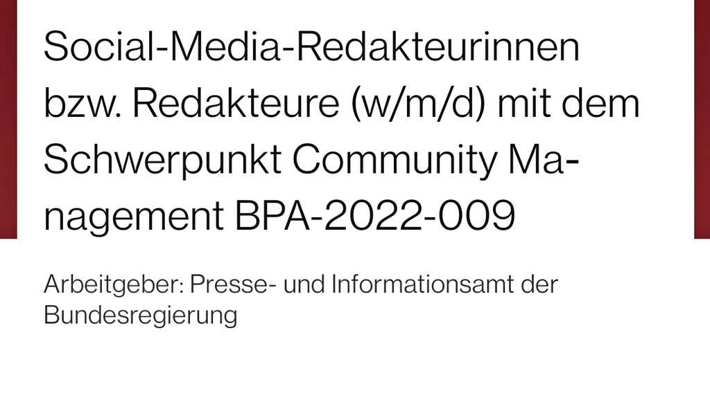 Martin Fuchs 🦊 (@wahl_beobachter) on Twitter photo Hej Community-Manager:innen da draußen. Wolltet Ihr schon immer Mal für die wichtigste Community Deutschlands 🇩🇪 arbeiten? 
Für Millionen Bürger:innen. 
Eure Chance, das BPA sucht. Der @Bundeskanzler wartet schon auf eure Vita 😇
service.bund.de/IMPORTE/Stelle… Hej Community-Manager:innen da draußen. Wolltet Ihr schon immer Mal für die wichtigste Community Deutschlands 🇩🇪 arbeiten? 
Für Millionen Bürger:innen. 
Eure Chance, das BPA sucht. Der @Bundeskanzler wartet schon auf eure Vita 😇
service.bund.de/IMPORTE/Stelle…