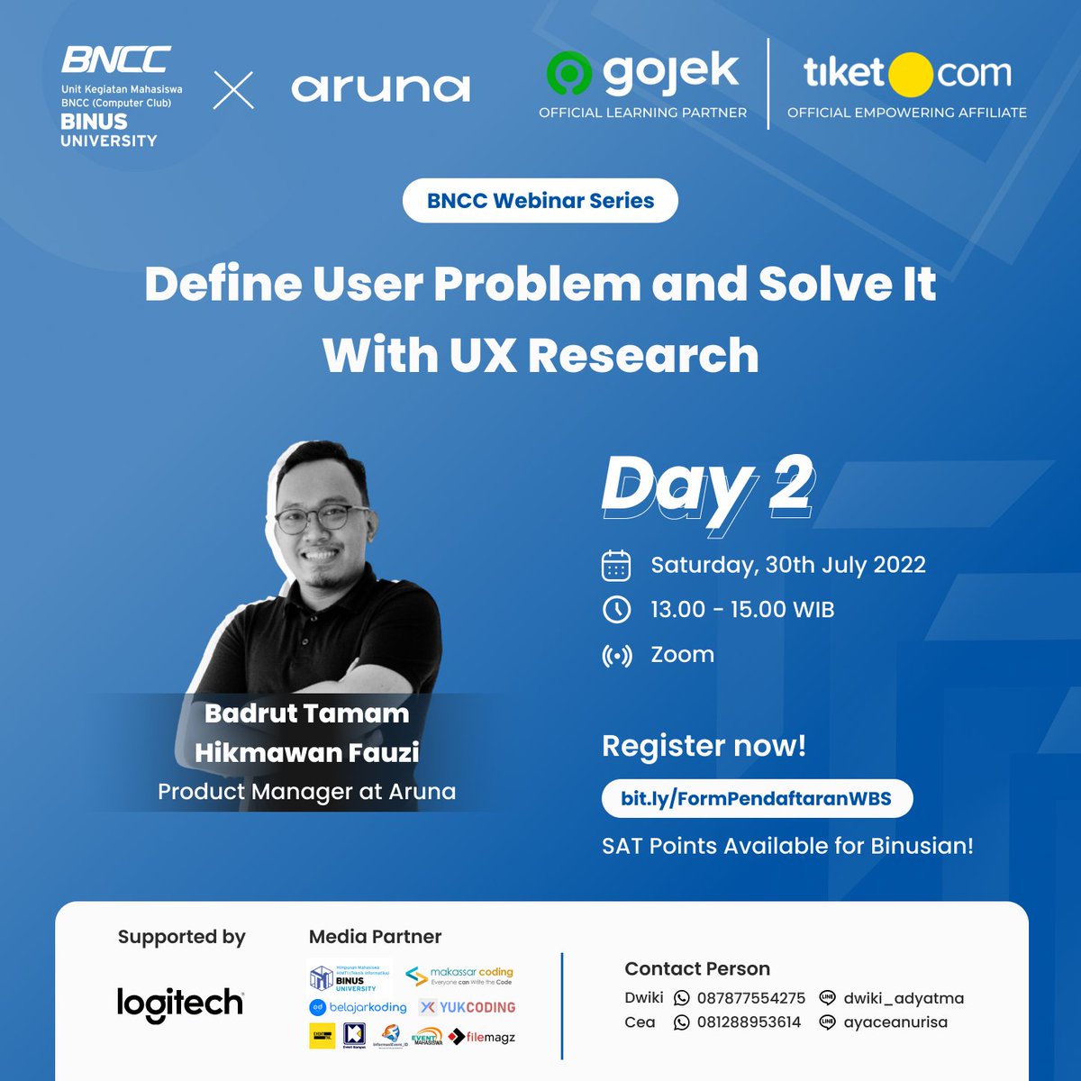 Hi, Tech Enthusiast!

BNCC Webinar Series Day-2 akan membawakan tema “Define User Problem and Solve It With UX Research”. Buat kamu yang tertarik dalam bidang UX Research, bisa banget nih, segera daftarkan diri kamu pada link yang ada di bawah ini! 👇👇

bit.ly/FormPendaftara…