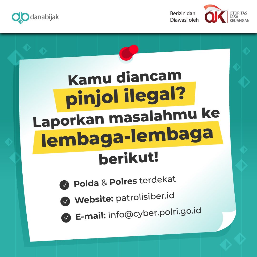 Danabijak's tweet photo. Pernah diteror atau diancam oknum pinjol ilegal? Segera laporkan masalahmu ke lembaga-lembaga berikut!
#danabijak #rekanbijak #keuangan #fintechlegal #fintechaman #OJK #pinjamanaman #patrolisiber https://t.co/UExr8n3QNE