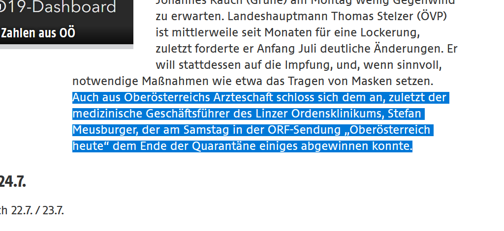 wefinet's tweet photo. @DanielaLitzlba1 @Shirleyinaktiv @orf_at Dort steht:

"Auch aus Oberösterreichs Ärzteschaft schloss sich dem an, zuletzt der medizinische Geschäftsführer des Linzer Ordensklinikums, Stefan Meusburger, der am Samstag in der ORF-Sendung „Oberösterreich heute“ dem Ende der Quarantäne einiges abgewinnen konnte."

(2/2) https://t.co/43dadQtjZJ