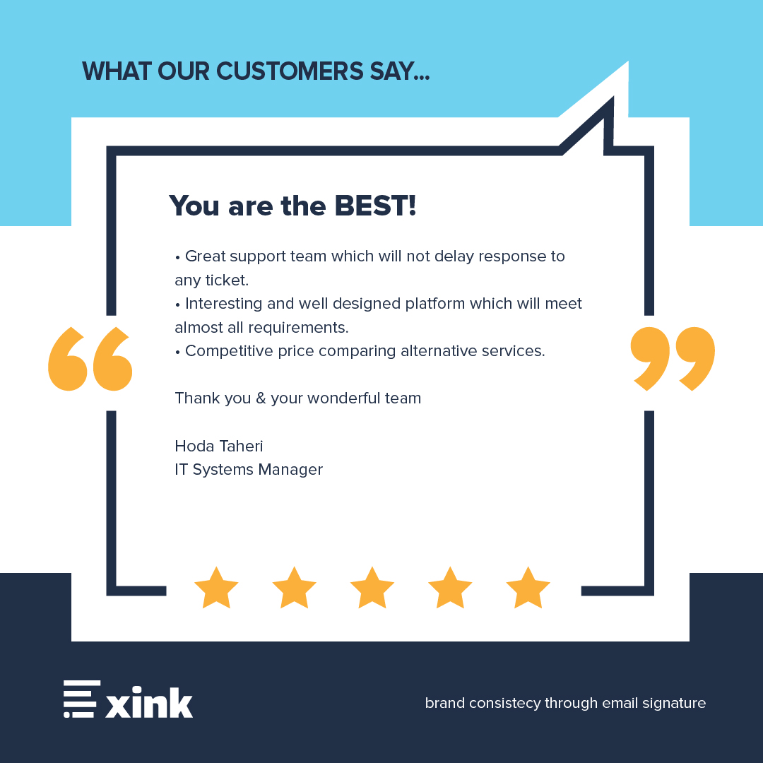 XinkInc's tweet photo. We always practice excellent #customerservice.
That's why we are delighted and inspired by our client's review. Looking forward for more brand collaborations through best #emailsignature solutions. https://t.co/Hhwiwv6DbL
#emailmarketing #emailsignaturesolutions #email https://t.co/G31dxTNoE4