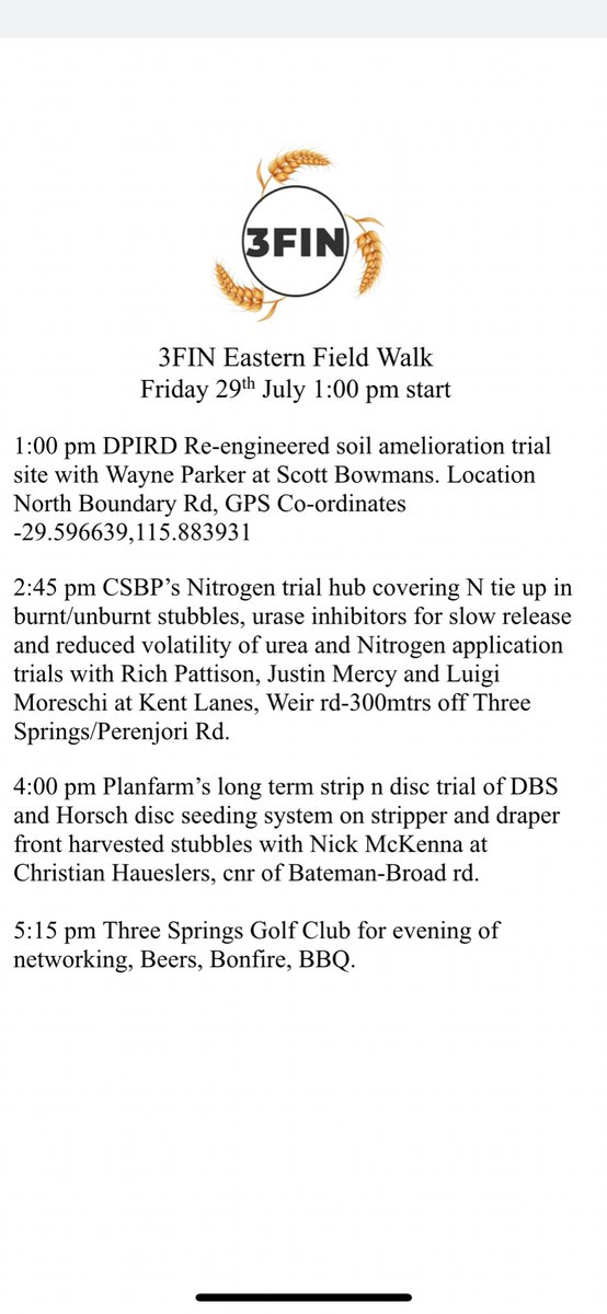 Hello 3finners and friends. 

A sneaky Friday arvo field walk. Some great trials to look at east of the train line where the real farming is done! 

Come along and check it out!

Authorised by C Eva.