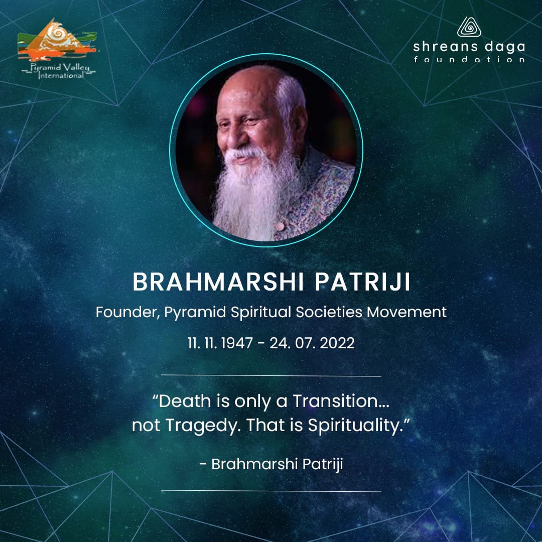 ShreansD's tweet photo. The Founder of Pyramid Spiritual Societies Movement, Brahmarshi Pitamaha Patriji vacated his physical body on 24th July 2022 and transitioned to higher planes.

Join us in paying homage to our Beloved Patriji: https://t.co/akWJxzEm5r

*Mahasamadhi* today 4:00 pm (IST) onwards. https://t.co/F1ngpmScR1