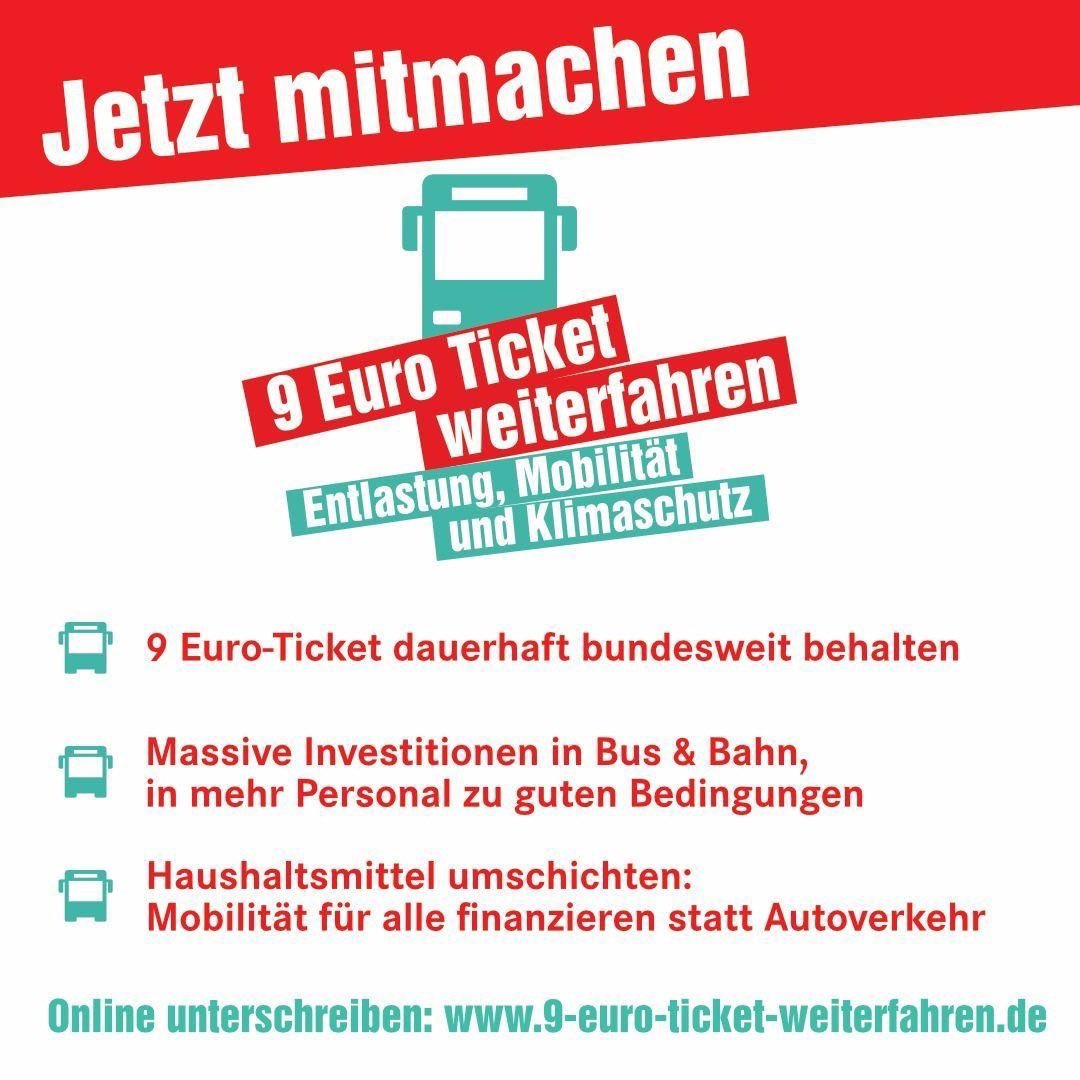Das 9-€-Ticket ist ein Erfolg. Es war eine spürbare Entlastung für niedrige Einkommen, reduzierte Staus und Unfälle in den Städten und zeigte eindeutig, dass die Menschen einen günstigen Nahverkehr wollen. #9EuroTicket #9euroweiterfahren 

Unterschreibt: 9-euro-ticket-weiterfahren.de