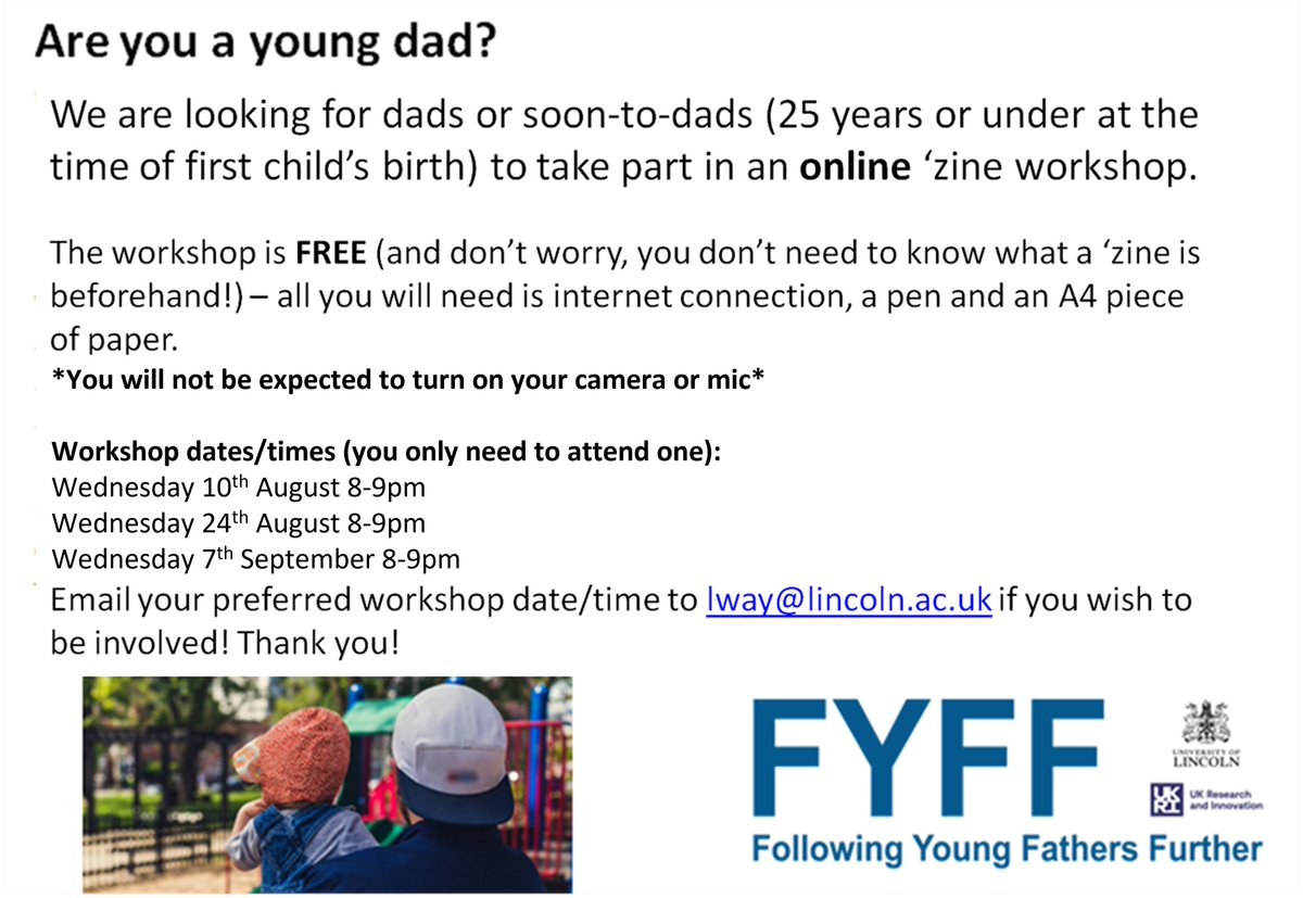 Our researcher @drlauraway is looking for young dads to take part in a free online zine workshop. See the advert below. Please share and/or get in touch if interested! #youngdads #zines #zineworkshop #creativemethods
