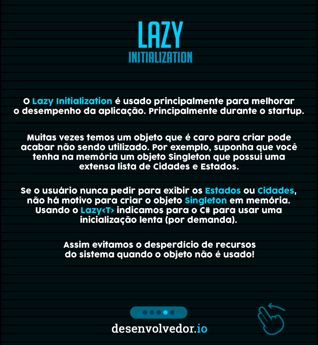 desenvolvedorio's tweet image. Você sabe o que é Lazy Initialization? Esse recurso do C# pode oferecer mais performance para sua aplicação economizando recursos em memória 📝🦾
Fonte: docs.microsoft.com/en-us/dotnet/f…
#desenvolvedorio #csharp #LazyInitialization #singleton