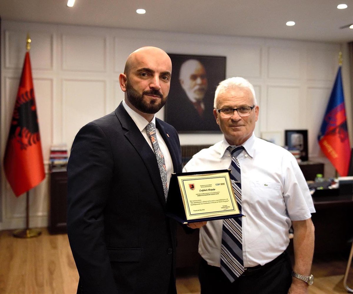cespolice's tweet photo. Signing of the Collective Agreement between the President of the Albanian Police Union, Sadetin Fishta and the Director of the National Police of Albania, Gledis Nano.
Congratulations 👏👏👏
#SPPSH #Albania #CESP #police #policeunions #socialdialogue
@cespolice https://t.co/bd9MOd1NCQ