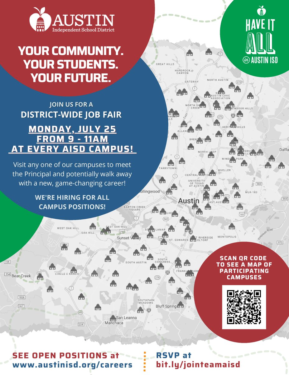 Feria de Trabajo del AISD
Hoy, 25 de julio
9-11AM en todas las escuelas del AISD

Visite cualquiera de nuestras escuelas para conocer al director y, posiblemente, salir con una carrera profesional que le ofrezca un nuevo panorama: austinisd.org/careers

austinisd.org/modules/custom…