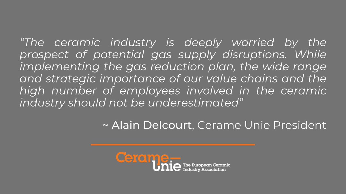 CerameUnie's tweet image. 📢In the context of the recently published EC "Guidelines on a European Gas Demand Reduction Plan", the Ceramic Industry stresses the high impact that interruptions in gas supplies to ceramic installations could have on🇪🇺jobs &amp;amp; value chains.
Press Release👉bit.ly/3J5nmPL