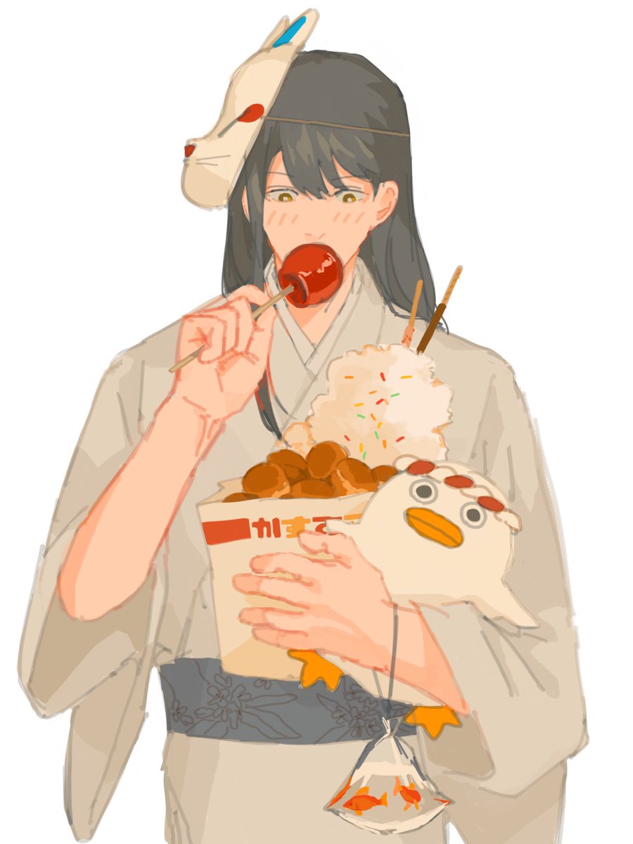 sakata gintoki multiple boys 2boys bagged fish mask food japanese clothes mask on head  illustration images