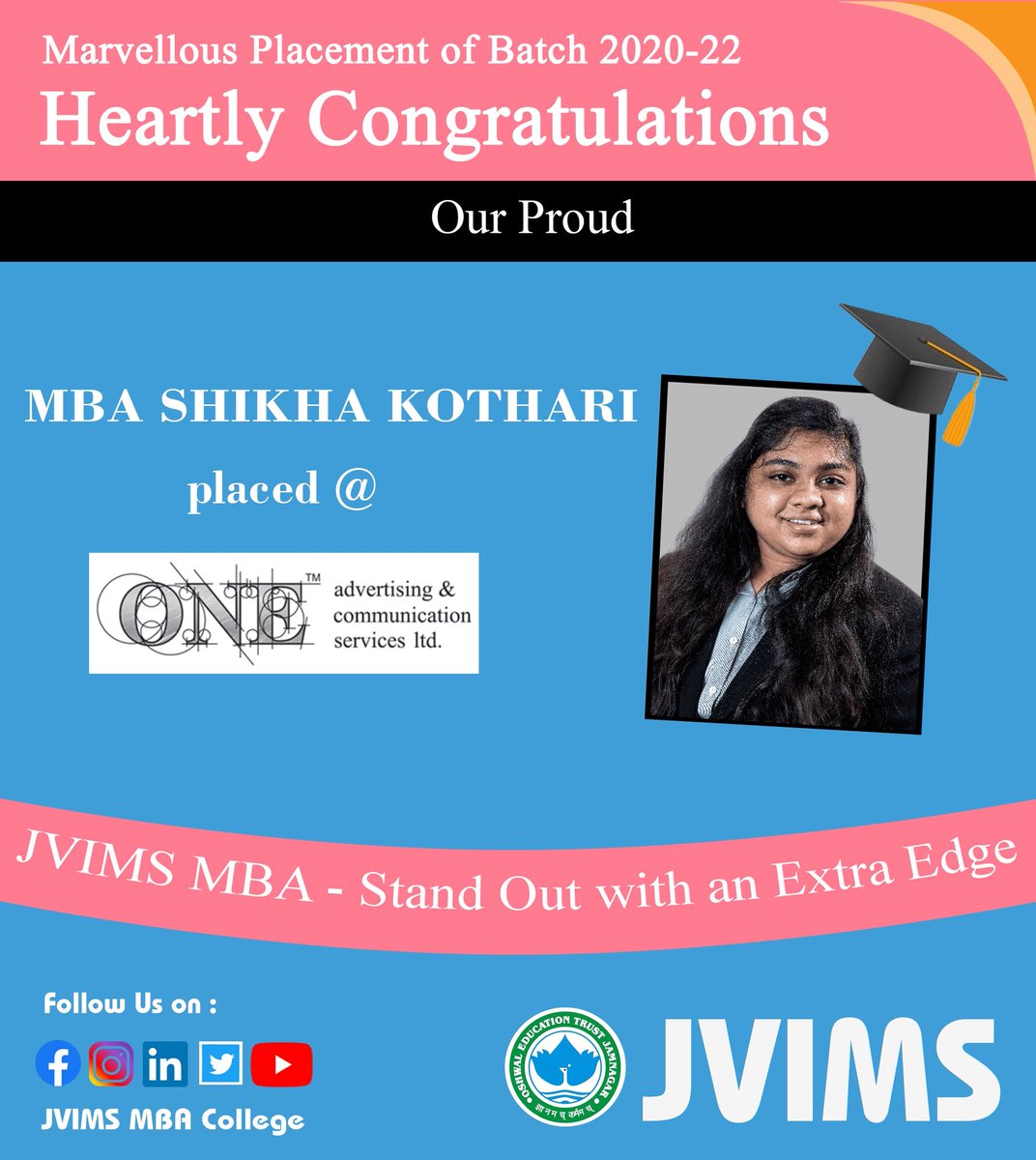 jvims_mba's tweet photo. JVIMS is proud 🎉 to share that our 3 Students 🧑🏻🎓🧑🏻🎓🧑🏻🎓 form MBA Batch 2020-22 are placed...
@ HDFC Bank
@ One Advertising & Communication Services Ltd.
CONGRATULATIONS 💐
#JVIMS #jvimsmba #mba #gtu #OET #campusplacements #highestpackage #recruitment #proud #jamnagar #hariacollege https://t.co/iNB0nisp4g