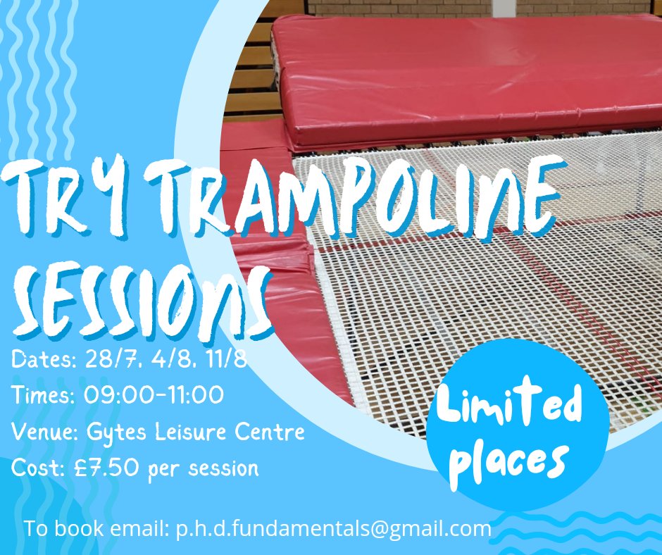 PHD.FUNdamentals (@phd_fungtc) on Twitter photo Fancy trying trampolining? Why not join us this summer?
Our fun sessions are for children who have finished P1 upwards, all abilities welcome!
To book contact p.h.d.fundamentals@gmail.com Fancy trying trampolining? Why not join us this summer?
Our fun sessions are for children who have finished P1 upwards, all abilities welcome!
To book contact p.h.d.fundamentals@gmail.com