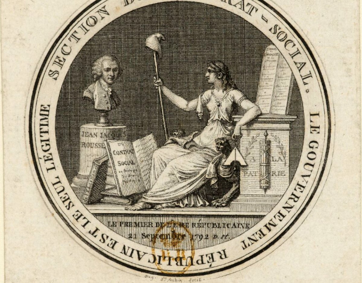 Emblem of the Section du Contrat-Social, founded shortly after the revolution of August 10. Its slogan, 'The republic is the only legitimate form of government,' paraphrases a line from Rousseau. Design by Augustin de Saint-Aubin.