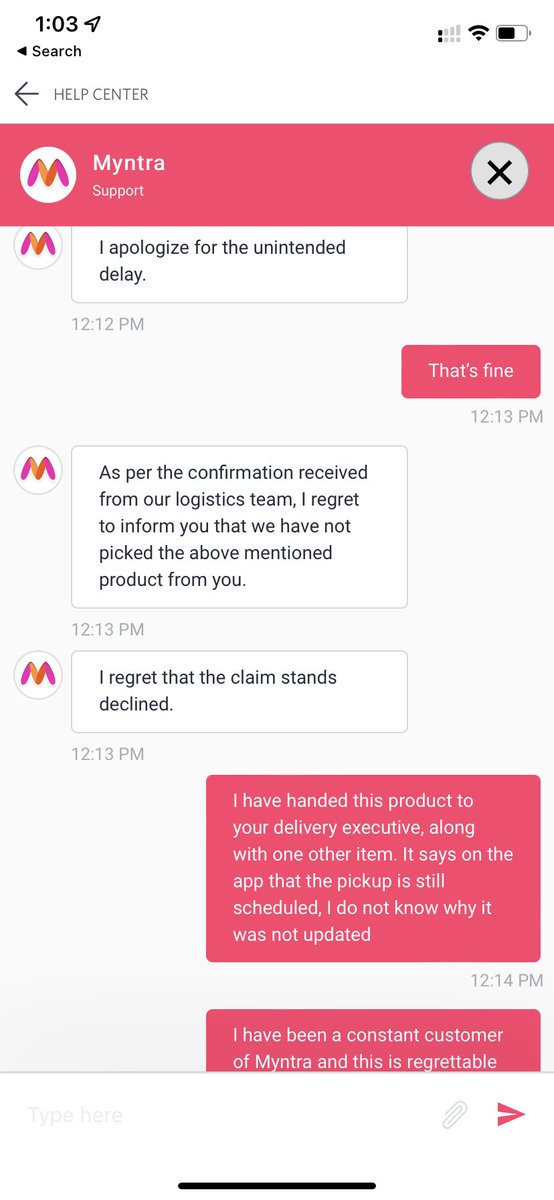Gunit0710's tweet image. @myntra team claim 2 (12:13pm): the product has not been picked up. #CustomerServiceFailure #MyntraIndia #Myntra