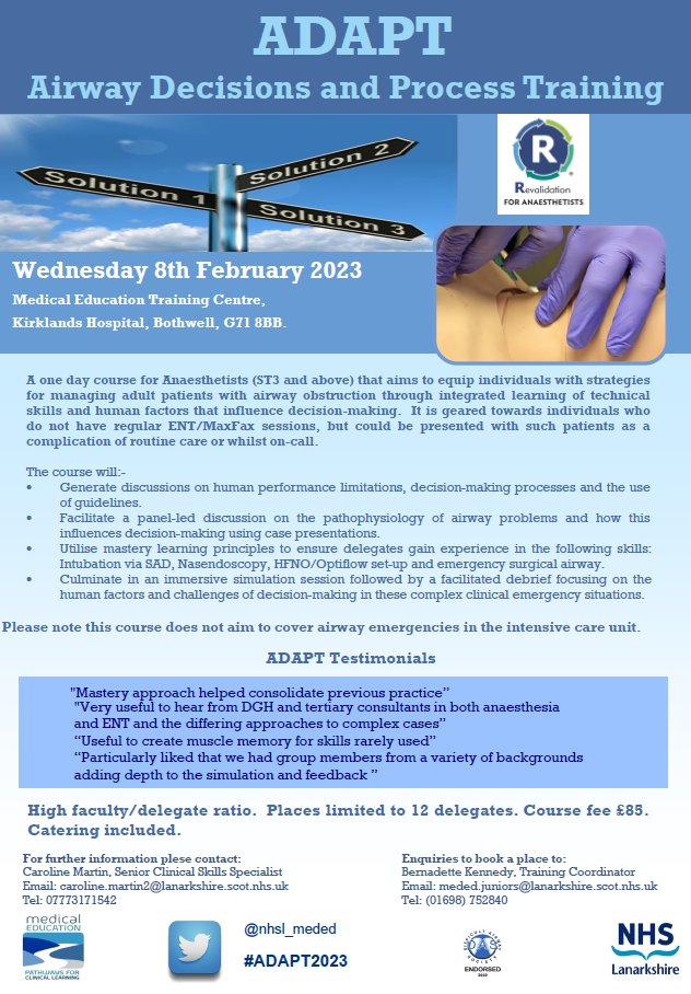 nhsl_meded's tweet photo. Our #ADAPT course is back - get in touch to secure your place @meded.juniors@lanarkshire.scot.nhs.uk
#Difficultairway #humanfactors #airwayobstruction #deliberatepractice #masterylearning #immersivesimulation #interprofessionallearning #ADAPT2023 @niki_d100 @cazm169 @sleepydoc79 https://t.co/1bSxvEnQc3
