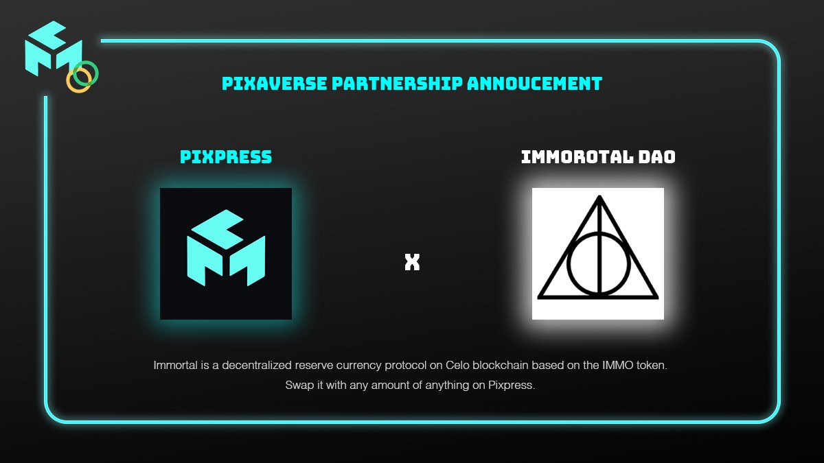 NPixelava's tweet photo. We have partnered with the great reverse currency -  @ImmortalDAO_Fi !

Now you can swap #IMMO, #wsIMMO into any bargain on Pixpress crypto asset swapper!

Swap at https://t.co/TZiT5iUuxW real quick.
More is coming! https://t.co/xzTTzfA6AU