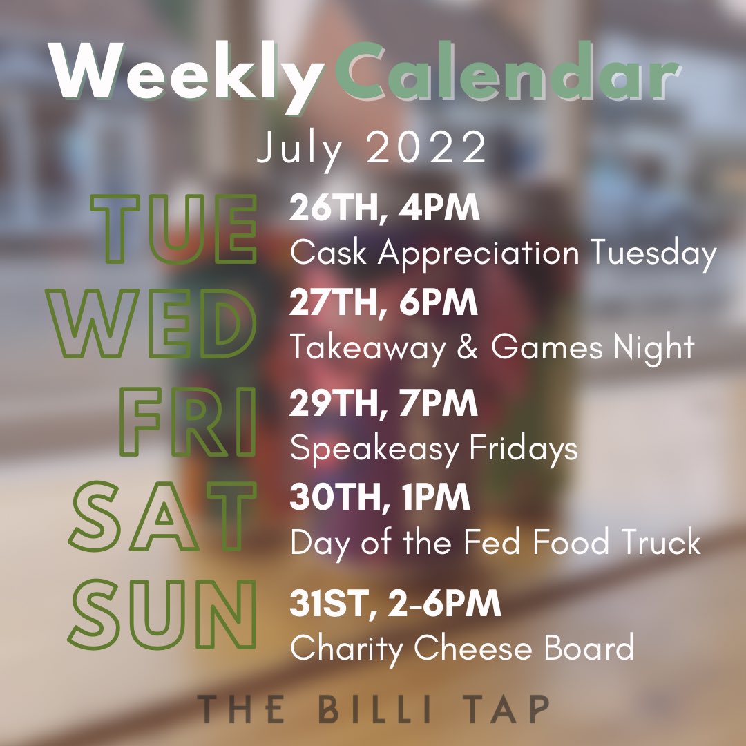 TheBilliTap's tweet photo. We’ve got an action packed week planned 🍺

🍻 TUESDAY 26TH - ‘Cask Appreciation Tuesday’s’

🎲 WEDNESDAY 27TH - Takeaway &amp; Games Night!

🍸 FRIDAY 29TH - ‘Speakeasy Friday’s’ from 7pm.

🌶 SATURDAY 30TH - Day of the Fed from 1pm!

🧀 SUNDAY 31ST - Charity Cheese Board from 2-6pm https://t.co/JZxlKOXPIe