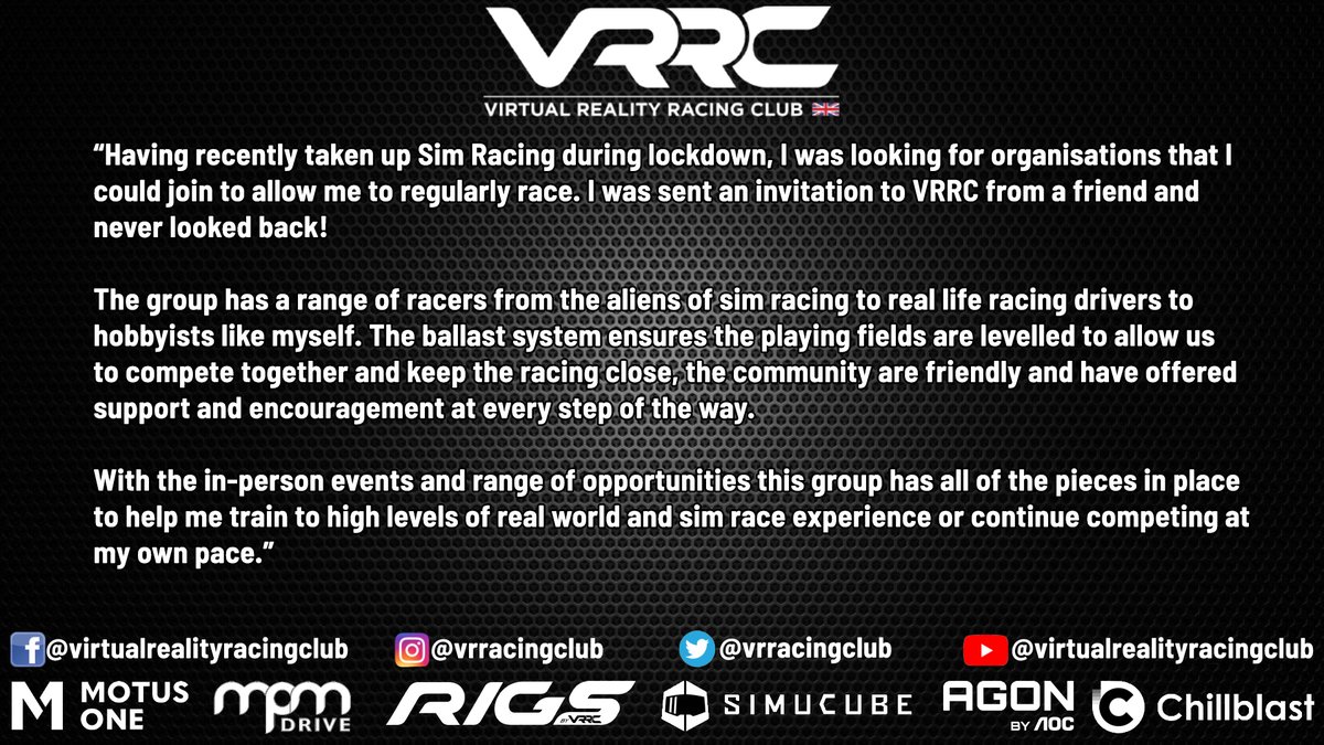 Thanks Rhys Bell. 
We structure our sim racing so all levels of racer can compete together. Offering group driver coaching sessions for VRRC members to develop your skills. Making the racing better and cleaner. discord.gg/NfuvuW9wXJ #simracing #esports #drivercoaching