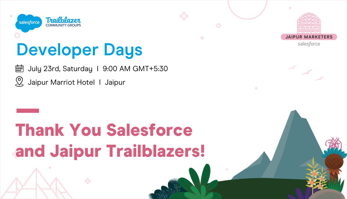 Thank you @SalesforceDevs , @kavindrapatel, @SfdcKiran and team for a wonderful #SalesforceDevDays at Jaipur.

#Jaipurmarketers