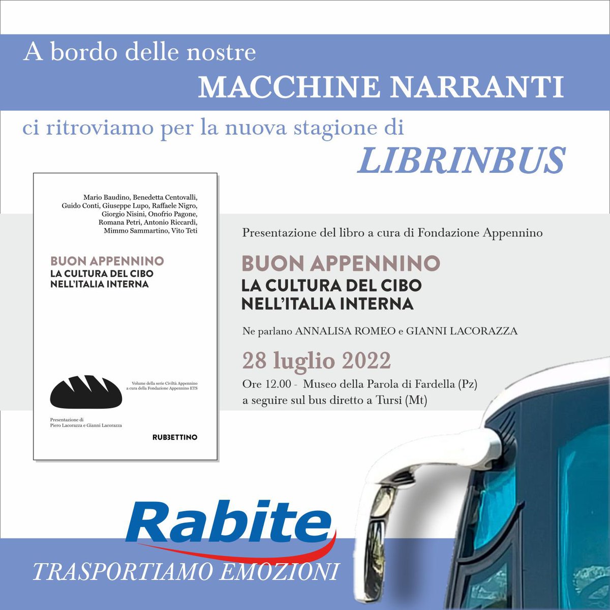 Siamo felici di presentare il nostro nuovo volume della serie #CiviltàAppennino nell'iniziativa #Libriinbus di #RabiteBus.

📚 Giovedì 28 luglio presenteremo “Buon Appennino. La cultura del cibo nelle aree interne” a cura di Fondazione Appennino edito <a href="/rubbettinobooks/">Rubbettino Editore</a>.