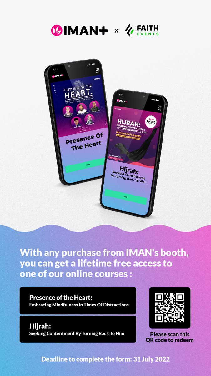 imanplusdotcom's tweet image. Siapa yang menghadiri Booth IMAN di #FaithEvent #OmarSuleimanLiveinKL Menara Bank Rakyat, Kuala Lumpur pada 23&amp;amp;24 Julai 2022 yang lepas?

Nah Kak Iman nak ingatkan supaya anda jangan lupa untuk tebus online course anda dengan scan QR Code di bawah!🫶🏻