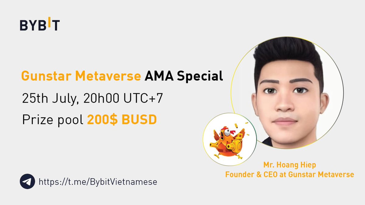 🔥 Don't miss the AMA of Gunstar Metaverse x Bybit Vietnam! 

🗣 Mr. Hoang Hiep - Founder &amp; CEO at Gunstar Metaverse
📍 t.me/BybitVietnamese
⏰ 20:00 UTC+7, July 25th, 2022
🎁 200 $BUSD