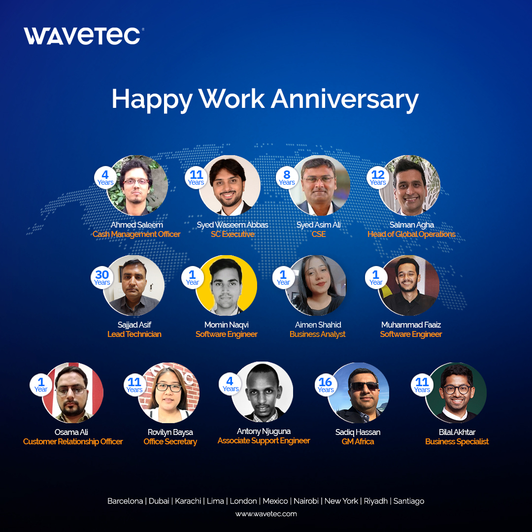 wavetec's tweet photo. Wishing our dedicated employees a Happy Work Anniversary!
#teamworkmakesthedreamwork #team #workfam #workhero #Wavetec #WavetecPakistan #WavetecCareers #LifeatWavetec #career #newopportunity #Wavetecjourney #technology #tech #innovation #business #science #programming #software https://t.co/cQcnVD6ftW