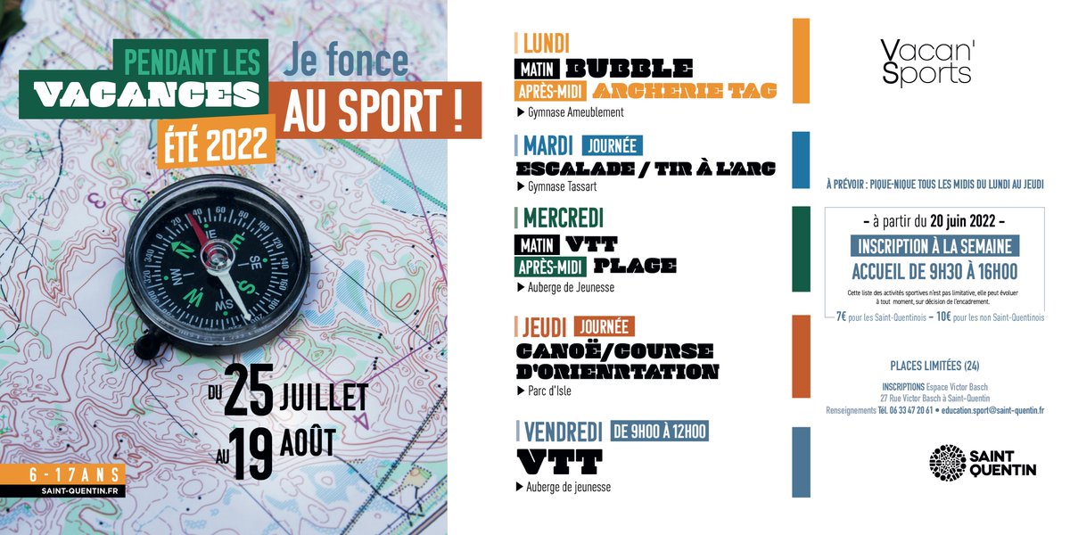 a_saint_quentin's tweet photo. #SPORT | Vacan'sport et Raid sportif 🛶
Envie de faire profiter vos enfants des activités sportives proposées par la ville ❓☀️
Ça tombe bien il reste encore quelques places pour :
👉 La session Vacan’sport du 16 au 19/08
👉 La session Raid sportif du 22 au 26/08-
ℹ️ 0323069489 https://t.co/pIy127cM7t