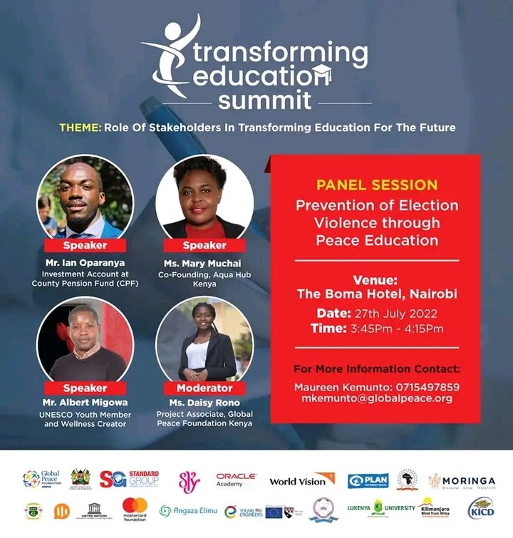 Two days to go😊🎉🎊

Join <a href="/wairimumuchai/">Wairimu Muchai</a> and <a href="/AlbertMigowaa/">Albert Migowa</a> representing UNESCO Youth Kenya 🇰🇪 during the education summit here in Kenya hosted by <a href="/GlobalPeaceKeny/">Global Peace Foundation Kenya</a> .
The summit brings various partners and stakeholders to discuss "Role of stakeholders in transforming education"