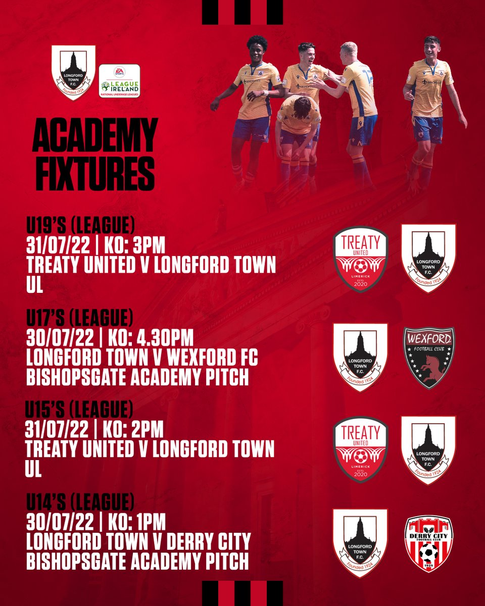 𝗔𝗰𝗮𝗱𝗲𝗺𝘆 𝗙𝗶𝘅𝘁𝘂𝗿𝗲𝘀 | 🔴⚫️

Our 15's and 19's travel to Limerick this weekend to take on Treaty United while our 14's take on Derry and our 17's face Wexford. ⤵️

 ltfc.ie/2022/07/academ…

#Town2022 | #LTFC