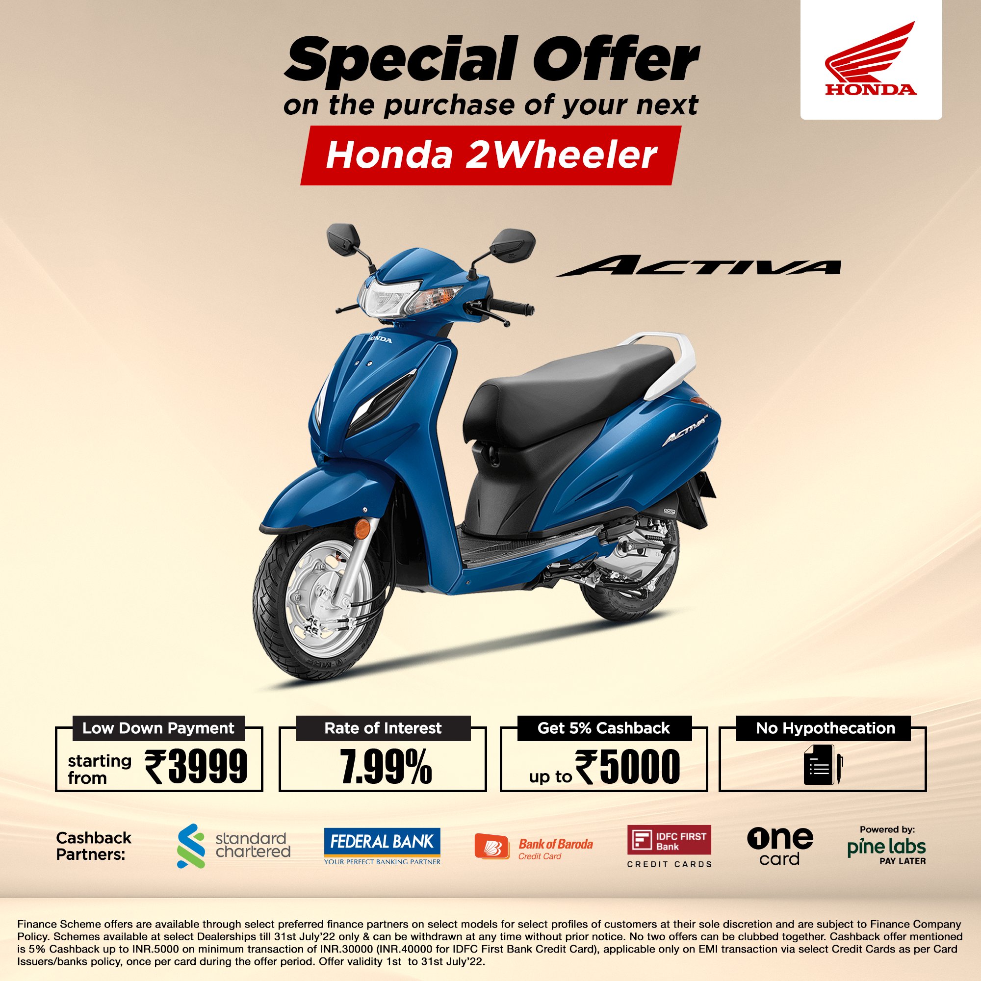Honda 2 Wheelers India on X For more information please give us a missed call on 919311340947 or visit https t fwhzmYF2uF. Get 5 cashback upto Rs.5000 on the purchase of your next Activa