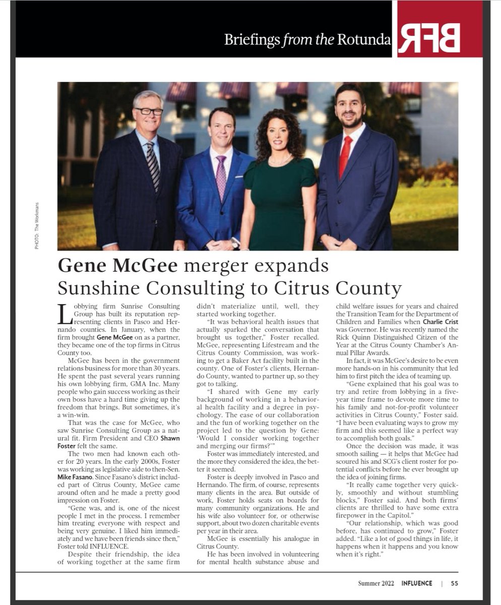 Great article in the Influence Magazine about the merger for Sunrise Consulting Group. I could not ask for a better partner than Gene McGee.
