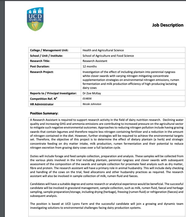 UCD School Ag & Food (@ucdagfood) on Twitter photo Exciting Research Assistant position available <a href="/ucdlyonsfarm/">UCD Lyons Farm</a> working with <a href="/ucdagfood/">UCD School Ag & Food</a> staff <a href="/Zoe_C_McKay/">Zoe McKay</a> and <a href="/stafford_v/">Stafford Vigors</a> on the investigation of the effect of including plantain into PRG white clover swards.
Find out more and apply at bit.ly/2sLOhga
Ref No: 014836 Exciting Research Assistant position available <a href="/ucdlyonsfarm/">UCD Lyons Farm</a> working with <a href="/ucdagfood/">UCD School Ag & Food</a> staff <a href="/Zoe_C_McKay/">Zoe McKay</a> and <a href="/stafford_v/">Stafford Vigors</a> on the investigation of the effect of including plantain into PRG white clover swards.
Find out more and apply at bit.ly/2sLOhga
Ref No: 014836