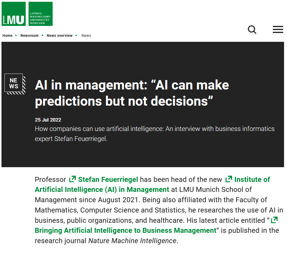 Stefan Feuerriegel on Twitter: "AI in management: "AI can make predictions  but not decisions" 👉 https://t.co/LPuT4I4Lei #interview @LMU_Muenchen  https://t.co/JFJFBrs4fr" / Twitter