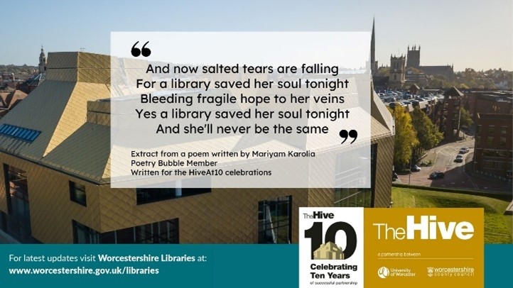 This wonderful poem was written by a member of our Poetry Bubble to help celebrate the #HiveAt10!  This friendly on-line Poetry group offers inspiration and encourages creativity to help you develop your writing skills.

Book your FREE place here: 
bit.ly/3PwrM4Y