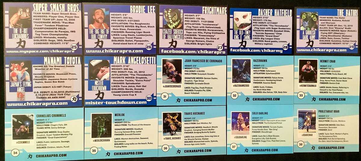 Complete set of 39 Chikara <a href="/CHIKARApro/">CHIKARA</a> cards. These cards were randomly released throughout the history of Chikara. The Manami Toyota card was a special promo card made for her U.S. debut. The cards are arranged in the order of their release. #Chikara #ChikaraPro