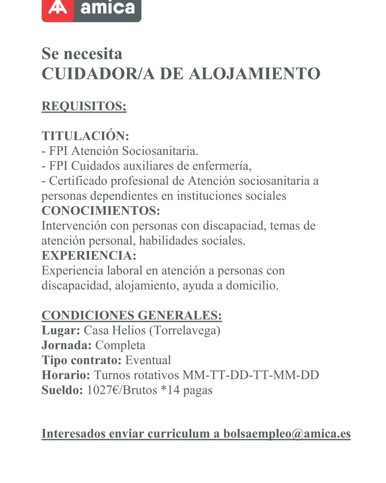 asociacionamica's tweet photo. 👨‍🏭OFERTA DE EMPLEO👨‍🏭

¿Te gustaría trabajar en Amica como cuidador de alojamiento?

Envía tu CV a ➡️bolsaempleo@amica.es

#Amica #ofertadeempleo #Empleo https://t.co/xevBoFN1sB