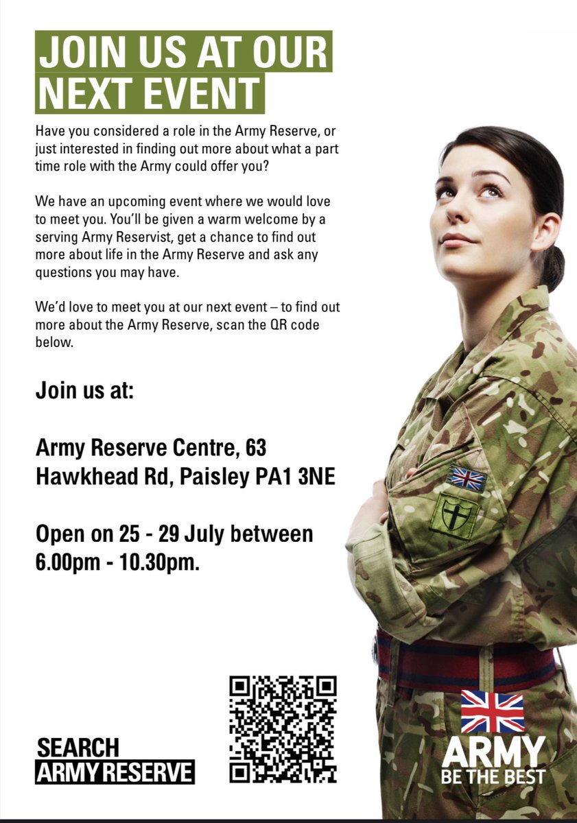 154 (Scottish) Regt (@154scottishregt) on Twitter photo Come along & meet your local Army Reservists, 154 Recruiting Team will be here this week 👋
#BeCurious #LogisticsInScotland #PartTime #Opportunities #WeAreTheRLC
<a href="/ASengaged/">Army HQ Scotland</a> <a href="/ArmyJobsGlasgow/">ACC Glasgow</a> <a href="/ArmyinScotland/">British Army in Scotland</a> <a href="/BritishArmy/">British Army 🇬🇧</a> Come along & meet your local Army Reservists, 154 Recruiting Team will be here this week 👋
#BeCurious #LogisticsInScotland #PartTime #Opportunities #WeAreTheRLC
<a href="/ASengaged/">Army HQ Scotland</a> <a href="/ArmyJobsGlasgow/">ACC Glasgow</a> <a href="/ArmyinScotland/">British Army in Scotland</a> <a href="/BritishArmy/">British Army 🇬🇧</a>