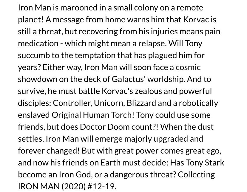 New ✨#MarvelCosmic✨ #comics this week for #NCBD (7/27/22)
✨
#IronMan: Books of Korvac III TPB Vol. 3
✨
W-#ChristopherCantwell,A-#AngelUnzueta/#CAFU/#IbraimRoberson,cover by #AlexRoss
✨
#Korvac #Controller #Unicorn #Blizzard #Marvel #MarvelComics