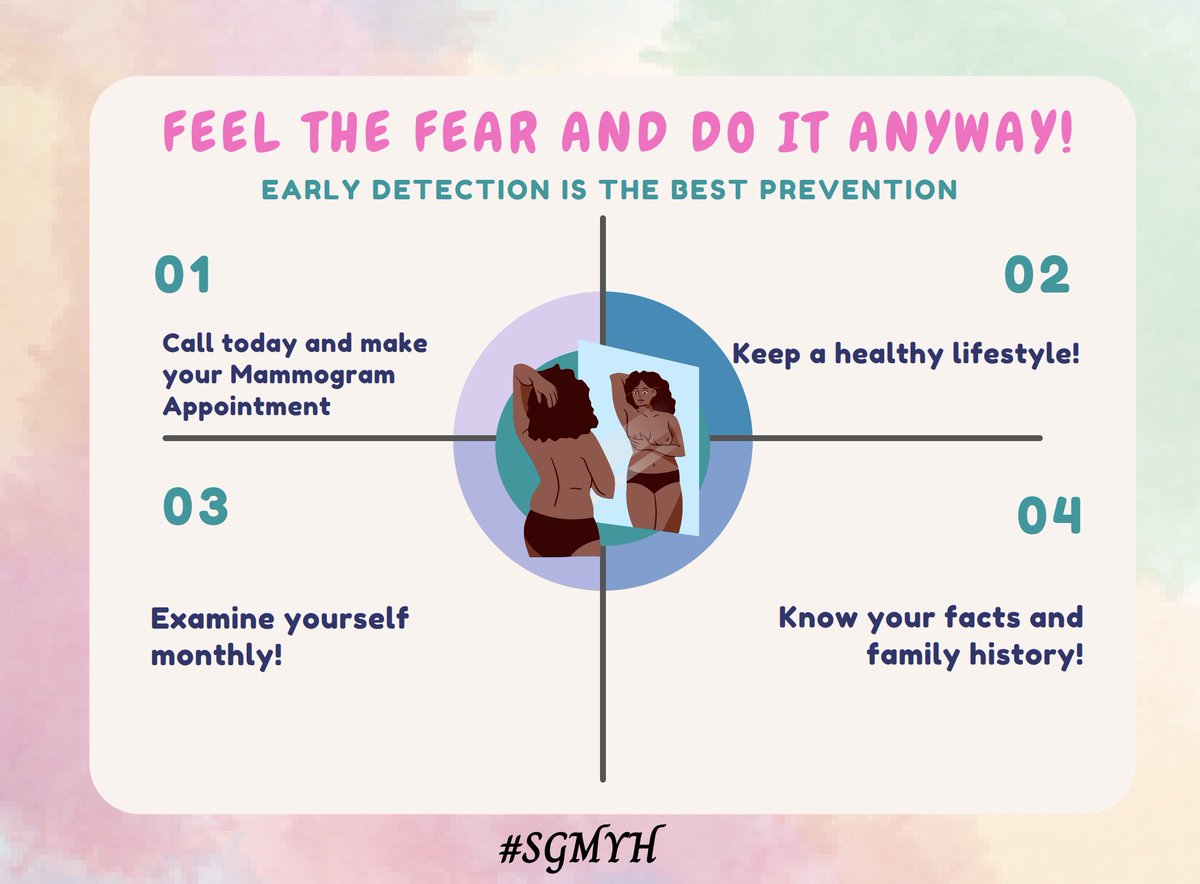 Feel the fear, and do it anyway! Did you know Black women are more likely to be diagnosed with more advanced stages of breast cancer? 
 Let's fight this statistic by taking preventive measures to live a healthier lifestyle and schedule our yearly mammograms 💕#sgmyh