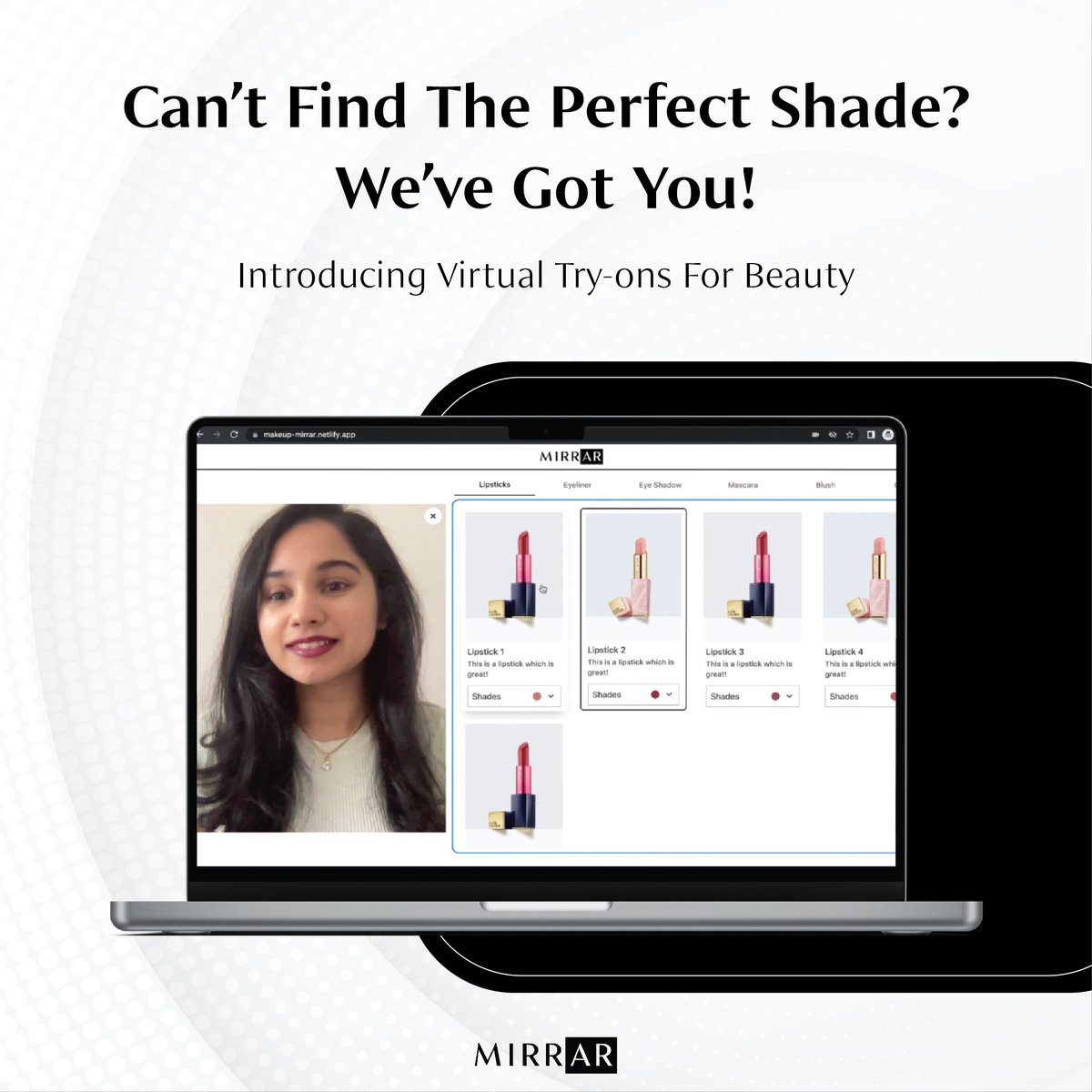 trymirrar's tweet photo. Presenting @trymirrAR's seamless #beauty #virtualtryon experience.
Discover how to look effortlessly glamorous with our virtual try-on!
Browse, play &amp; find the perfect shade for yourself and your loved ones!

#mirrAR #AR #AugmentedReality #Trybeforeyoubuy #Makeup #Tryon #Lipstick https://t.co/OaZEmUV4GY