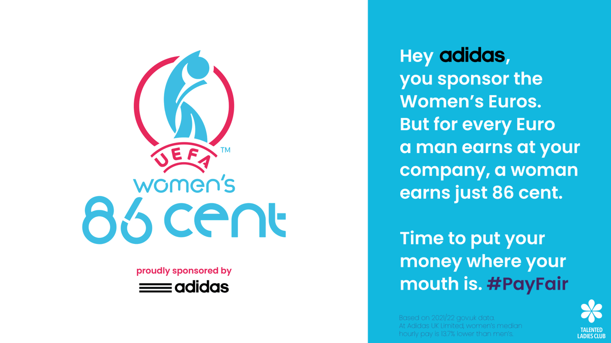 TalentedLadies's tweet photo. Hey @adidas, you sponsor the #WomensEuros2022. But for every Euro a man earns at your company, a woman earns just 86 cents. Isn’t it time to close the #genderpaygap and #PayFair? https://t.co/Nb2h4N93mJ https://t.co/WZgpjyHd0N