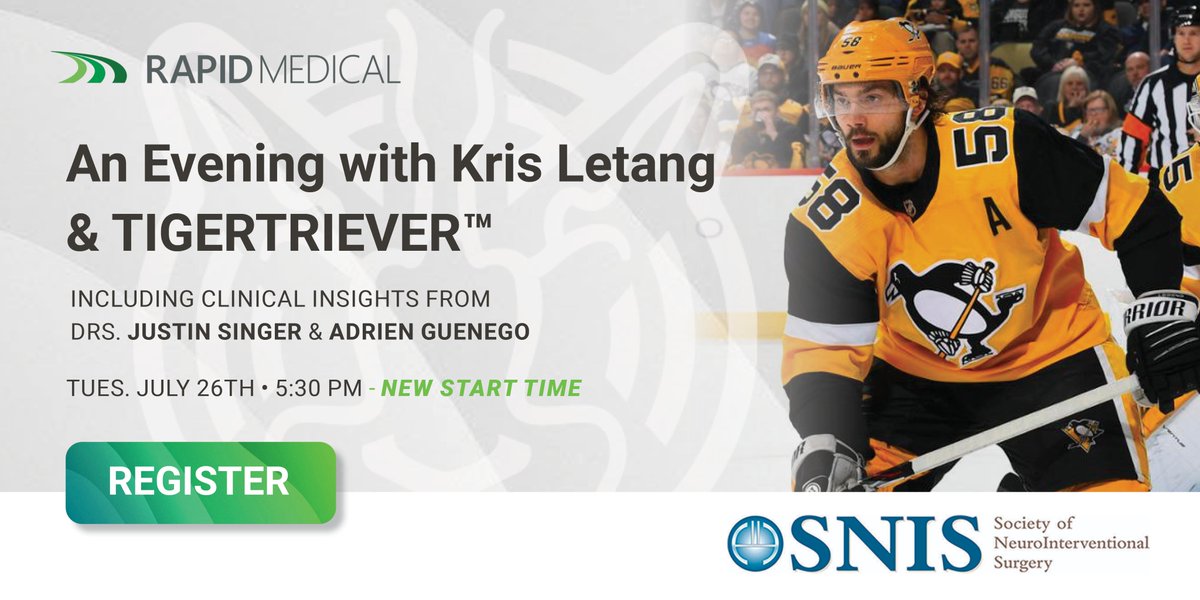 TIME CHANGE: Our evening event with NHL star Kris Letang, Drs. Justin Singer and Adrien Guenego will now begin at 5:30 pm ET. Earlier time, same location. Register now - limited seats are left! #SNIS2022 
Current registrants do not need to register again.
lnkd.in/dtni2vRk