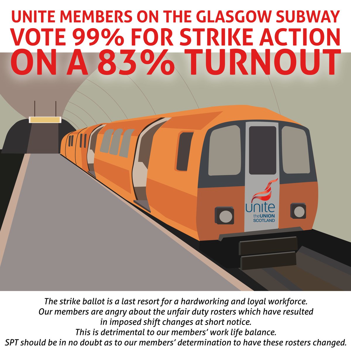 UniteScotland's tweet photo. 99% on the Glasgow Subway vote for strike action!

Workers are increasingly being called in at short notice, leading to significant work-life pressures. Our members want assurances that family responsibilities &amp; personal time will be respected.

https://t.co/bh8YO357xa https://t.co/IhPRtqYYF1