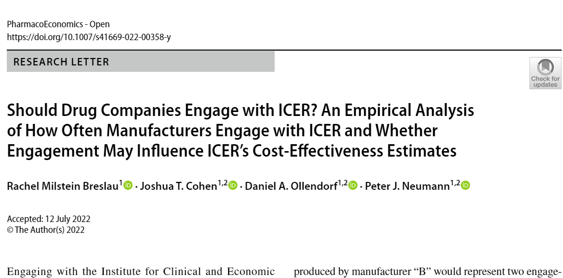 PeterNeumann11's tweet photo. Our new paper in Pharmacoeconomics Open:

90% of drug companies "engage" with @icer_review; 

Engagement is associated w/ more favorable ICER findings (see Discussion).

https://t.co/7YDOp03joH @TuftsCEVR @jcohen1964 @dollendorf @PECjournal @IVI_health @joeymattingly @socmdm https://t.co/7ophTauHtx
