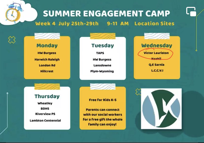 Summer Engagement Camp this week at VL! <a href="/VLS_School/">Victor Lauriston Public School</a> <a href="/LkdsbM/">LKDSB MDT</a> Wednesday between 9-11am. Come out and play!