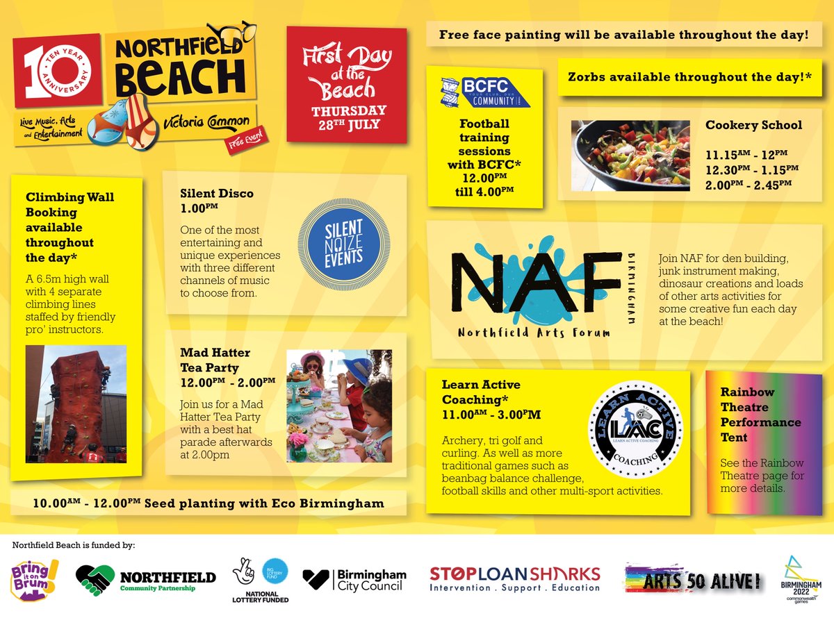 🏖 <a href="/NorthfieldPship/">Northfield Community Partnership</a>  #Northfield Beach returns THIS THURSDAY (28 July) until Sun! •  FREE for all on Victoria Common 10-4 daily! *DETAILS &amp; book activities / free kids lunches: bvoices.uk/beach22

<a href="/Silentnoize1/">Silent Noize Events</a> @NAF - Northfield Arts Forum  <a href="/learnactive_/">Learn Active Coaching CIC</a> <a href="/bringitonbrum/">Bring it on Brum!</a>